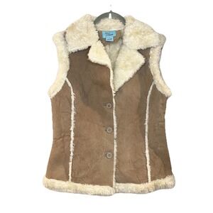 Vintage Y2K Brown Leather Suede Sherpa Fleece Lined 70s Retro Style Vest Button